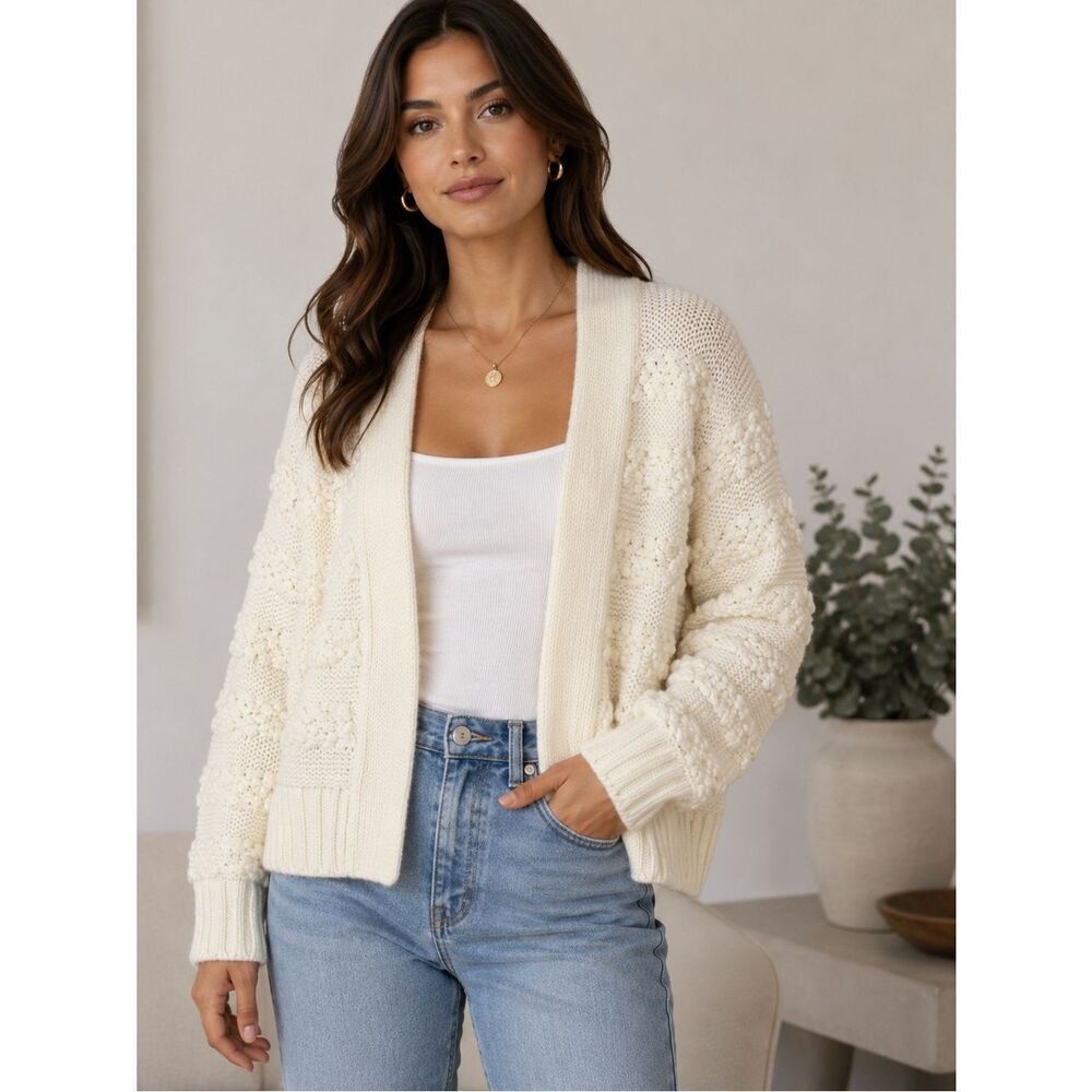 Coco Bleu Ivory Textured Open Front Oversized Cardigan Sweater Size M